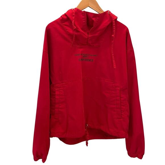 Urban Revivo XS Red Denim Hoodie | Streetwear Pullover, NWOT, Bold Slogan - Picture 1 of 9
